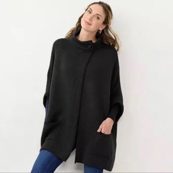 LC Lauren Conrad Black Solid Knit Riding Cape Poncho Pockets Cardigan One Size - Picture 2 of 15